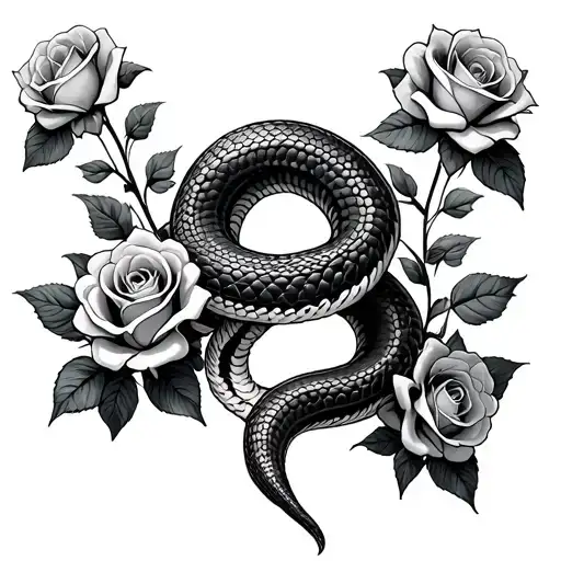 skeleton of a snake climbing up surrounded by roses tattoo design idea