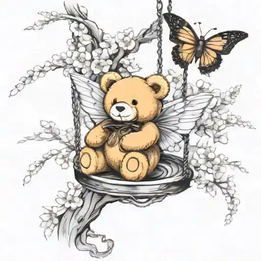 butterfly with angel wings, teddy bear on the swing, cherry blossom tree tattoo design idea