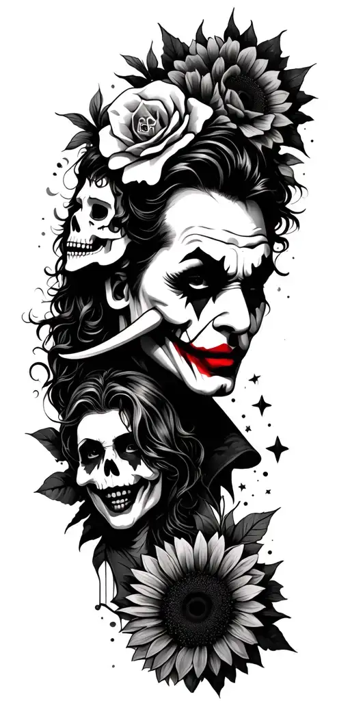 design a full sleeve Man design must include Joker removing mask, elephant, girl face, skulls, stars, fish, sunflower, m tattoo design idea