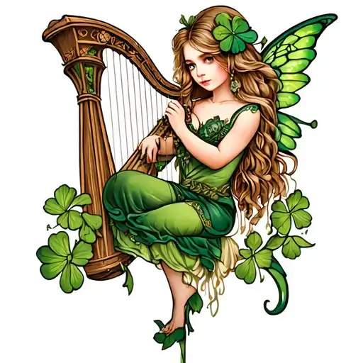 Irish fairy clover harp tattoo design idea