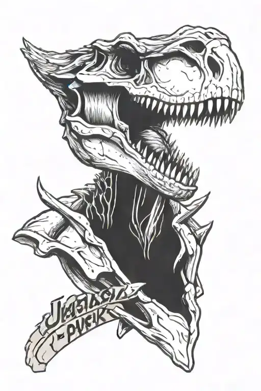 a velocitaptor skull from Jurassic Park drawn anatomically correct, with a banner falling around the skull tattoo design idea