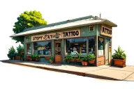 outside of 2 story tattoo shop with big windows and plants inside them tattoo design idea