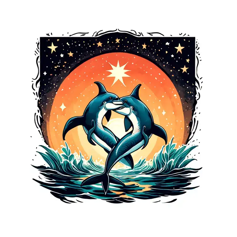 Two common dolphin, pisces star sign intertwined tattoo design idea