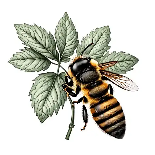 lemon balm leaf and a bee sitting on it tattoo design idea