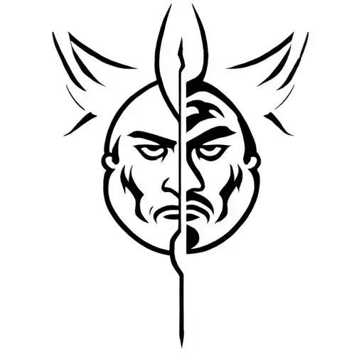 Norse warrior’s head split in half — one peaceful, one rage-filled — son symbol as protective amulet below tattoo design idea