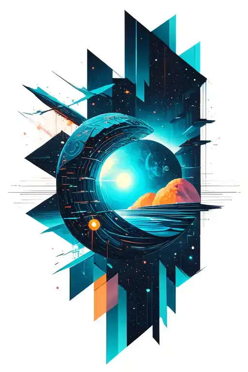 A geometric space landscape inspired by technology incorporating a small amount of cyan tattoo design idea