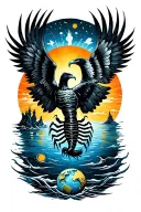  Scorpio on water, eagle fly on Earth, rising phoenix in sky, Sunrise Middle of Arrow tattoo design idea