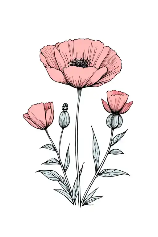 california poppy and pink common heath fine line tattoo design idea