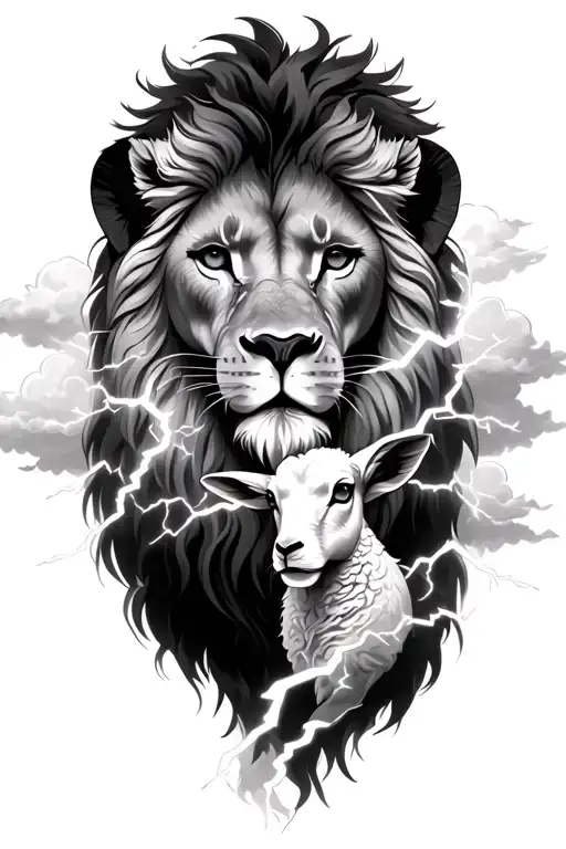 front facing lion and lamb in the clouds with lightning and white shaded cross  tattoo design idea