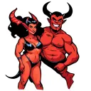 cartoon image of a confident mischievous trans woman devil and a chubby infatuated male devil  tattoo design idea