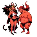 cartoon image of a confident mischievous trans woman devil and a chubby infatuated male devil  tattoo design idea