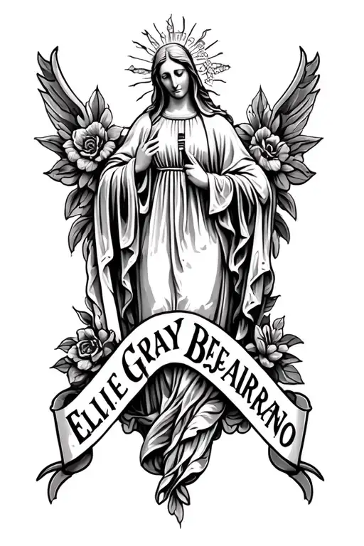 "Ellie gray Bejarano " "Ellie gray Bejarano "  Virgin Mary banner tattoo design idea