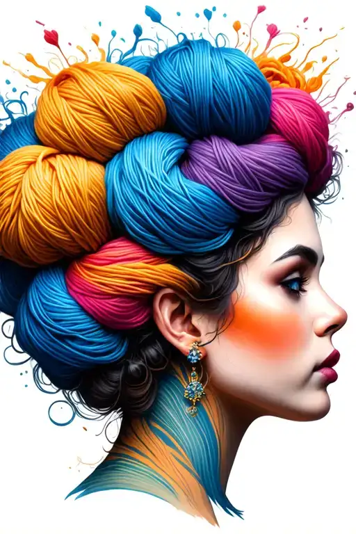 side profile female face with large weaves of yarn exploding from top it tattoo design idea