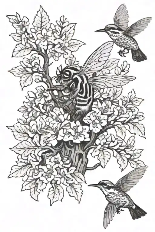 oak tree with honeybee, azaleas, and brown thrasher tattoo design idea