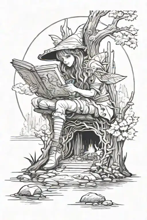 Log center enters forest with elf fairy reading by enchanted lake tattoo design idea