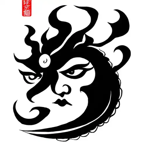 Shiva's trishul with something spritual written in Japanese language tattoo design idea