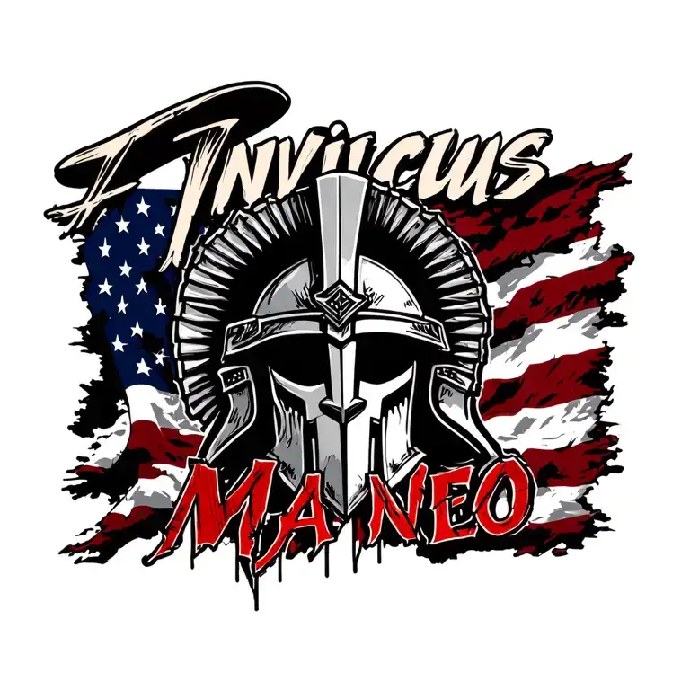 "Invictus Maneo" spartan helmet with American flag background tattoo design idea