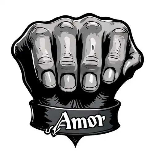 hand that says amor on knuckles with gothic style line work tattoo design idea