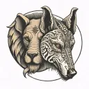 half face elephant head and half face wolf head in a circle  tattoo design idea