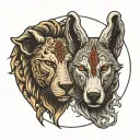 half face elephant head and half face wolf head in a circle  tattoo design idea