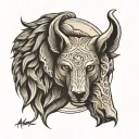 half face elephant head and half face wolf head in a circle  tattoo design idea