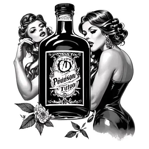black and gray  Realistic pinup girl holding bottle poison tattoo design idea