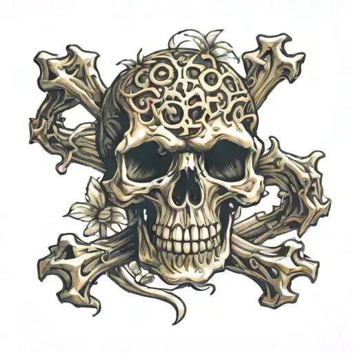 Tattoo showing crossbones beeing overtaken by a fleshy growth tattoo design idea