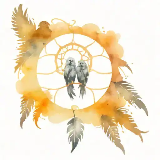 dreamcatcher with birds flying at its feathers and make the birds black/gray in color. Smokey gray effect for background tattoo design idea