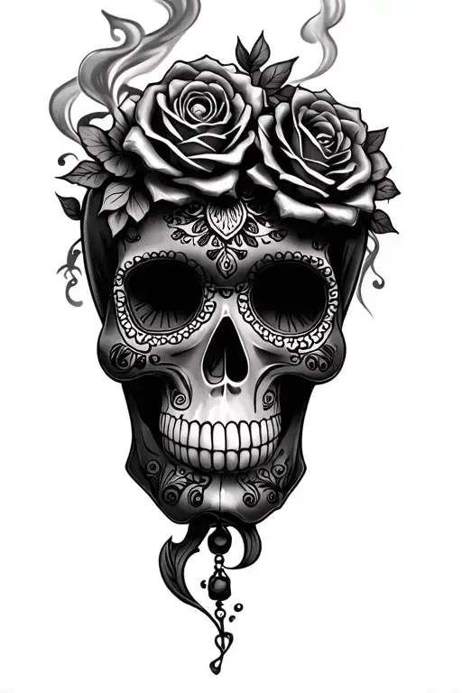 skull, mexican sugar skull, Mexican catrina, clock,smoke,wind, roses tattoo design idea