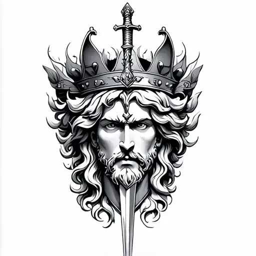 The Greek God's head design has a crown and under it a sword in the heart and into the bunch tattoo design idea