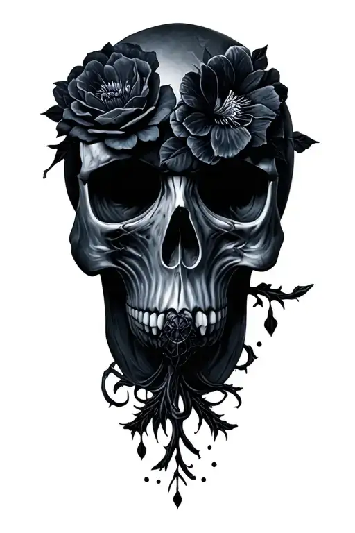 skull flowers and raven tattoo design idea