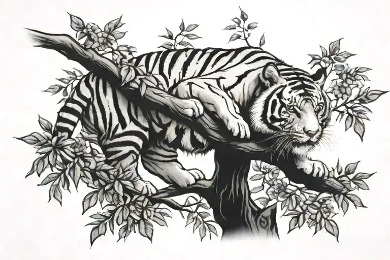 tiger crawling on a tree branch tattoo design idea
