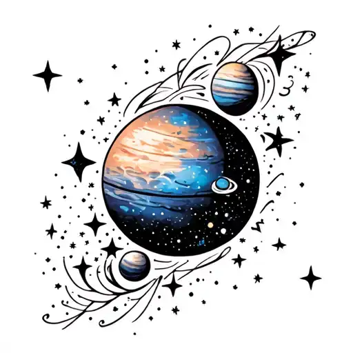 Galaxy with stars and planets inside tattoo design idea