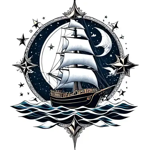 Sailboat with crescent with stars lines with wind rose tattoo design idea