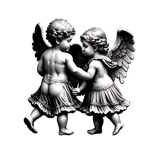 two baby angel statues one boy one girl with their backs turned walking away holding each others hands  tattoo design idea