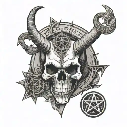 Skull of baphomet centered in pentagram with "Amplectere Umbram Tuam" in gothic font tattoo design idea