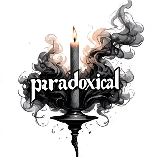 a burning candle stick  that's almost gone, with the smoke spelling "paradoxical  tattoo design idea