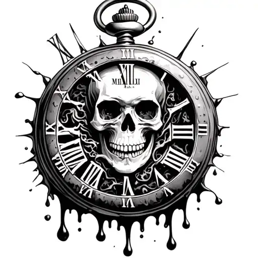 melting pocket watch, with the words memento mori and a skull design within the melting pocketwatch. realistic design tattoo design idea