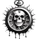 melting pocket watch, with the words memento mori and a skull design within the melting pocketwatch. realistic design tattoo design idea
