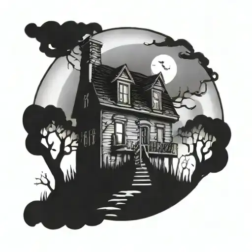 A creepy haunted house with smoke billowing out of the chimney, surrounded by eerie trees and a full moon in the background tattoo design idea