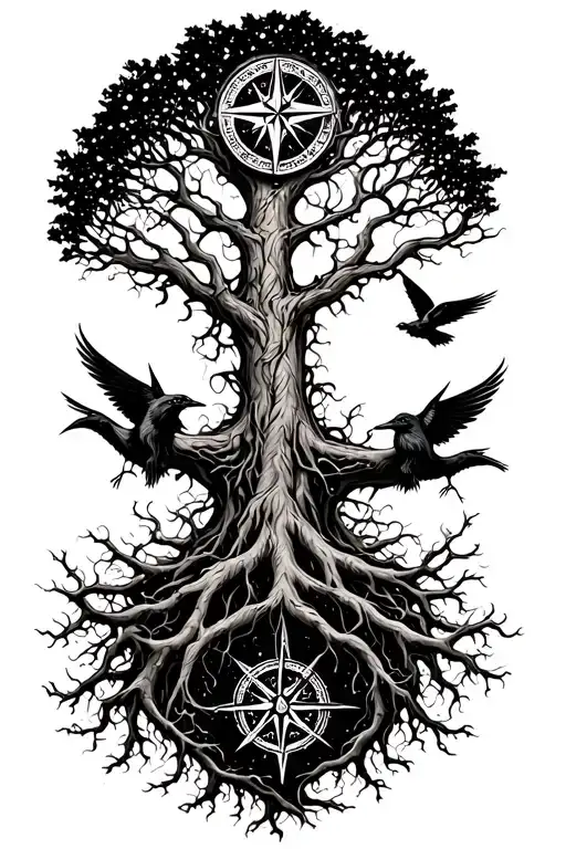 yggdrasil the world tree with a norse compass tangled in the roots. Hugin and Munin are flying above, fenrir below tattoo design idea
