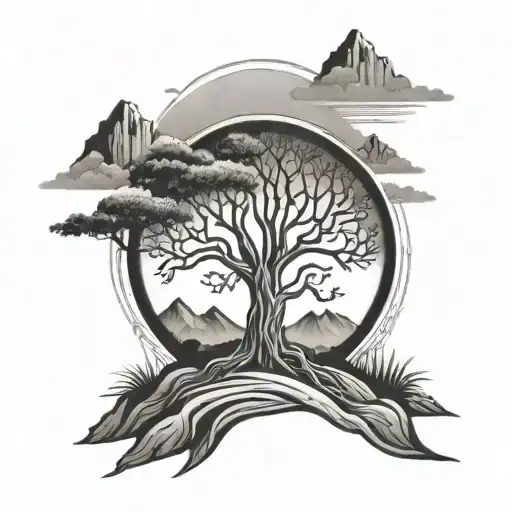 tree of life, cross, mountains tattoo design idea