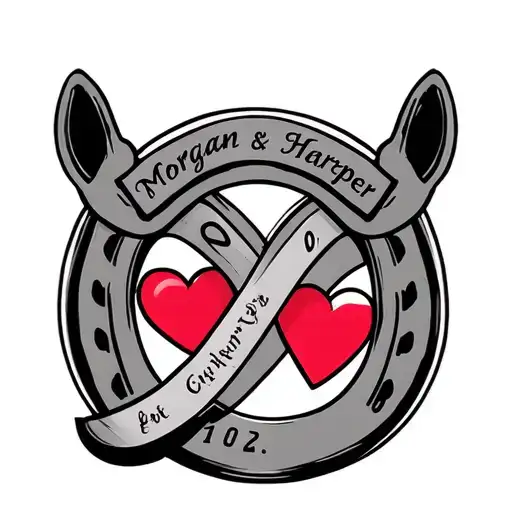horse shoe, infinity symbol, small red heart, names Morgan and Harper tattoo design idea