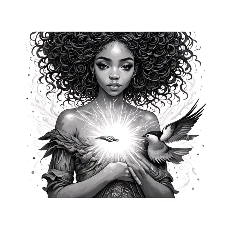 black woman with light coming out of her chest and hand maybe a bird too freeing her  tattoo design idea