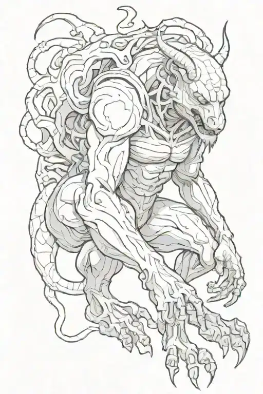 Humanoid beast squating on the ground eating its heart. The creature is primal and hunched over. it looks like a person. tattoo design idea