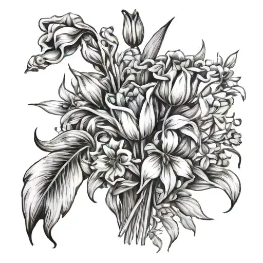 bouquet with tulips, iris, cornflower, roses, clovers, Bella of Ireland, Easter lily tattoo design idea