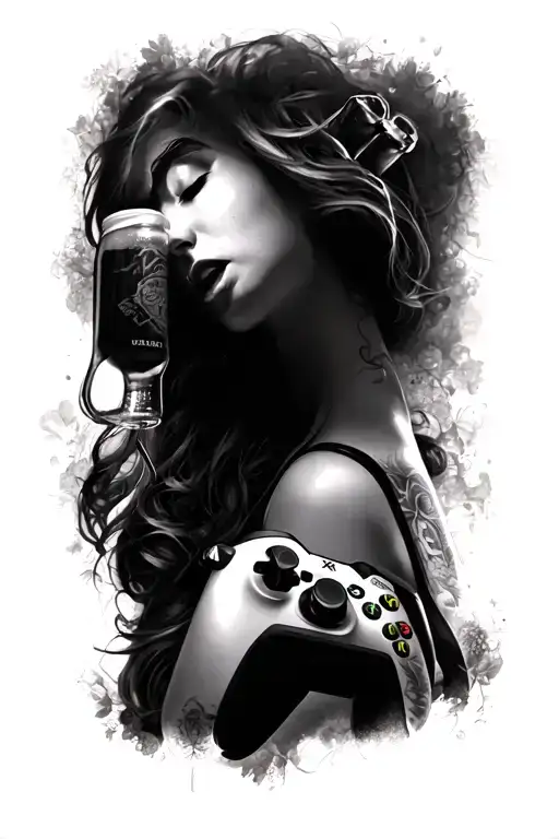 Lady's Chest, With Boobs, With beer In Hand And Xbox Controller In Second Hand Tattoo tattoo design idea