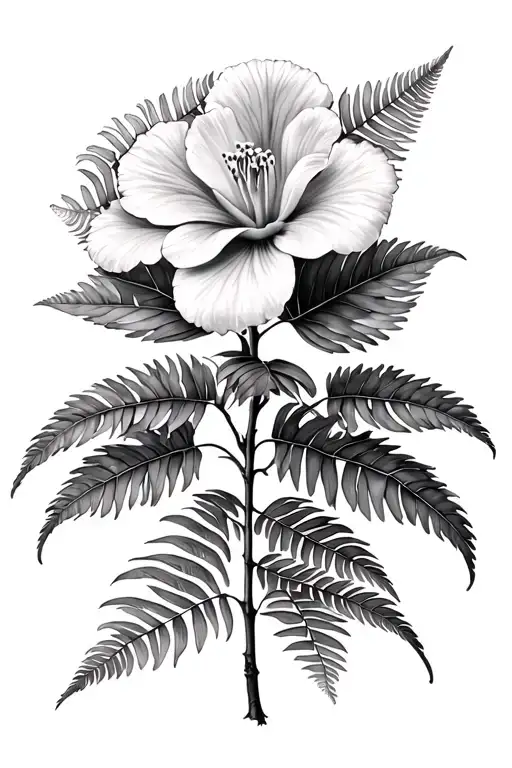 realistic Pohutukawa flower and fern leaf stems tattoo design idea