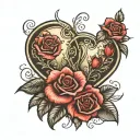 2 sketchy joined heart shapes realistic teardrops filled with tiny feetprints surrounded by realistic roses  tattoo design idea