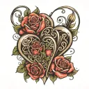 2 sketchy joined heart shapes realistic teardrops filled with tiny feetprints surrounded by realistic roses  tattoo design idea